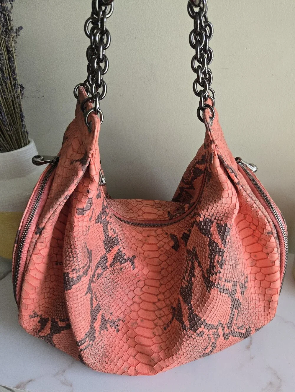 EUC Henri Bendel Snake Print Large Coral Hobo Shoulder Bag With Mirror Charm
